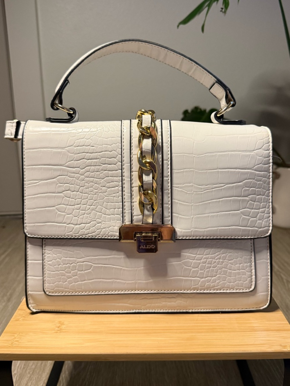 ALDO White Faux Croc-Embossed Top Handle Satchel with Gold Chain